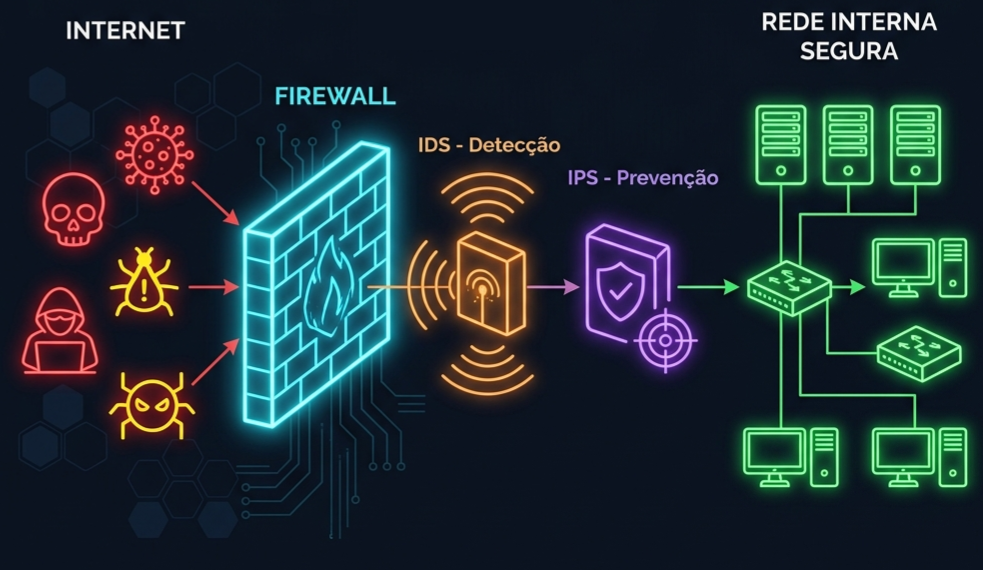 Diagrama de camadas de proteção: Firewall, IDS e IPS protegendo a rede interna